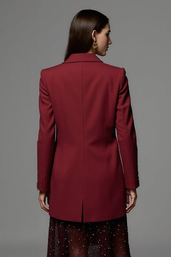 Burgundy Long Sleeves Peak Lapel Satin Women Work Blazer with Pockets