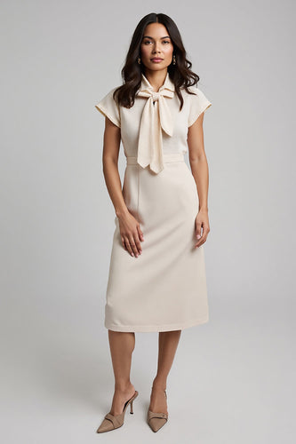 Apricot Short Sleeves Midi Pencil Work Dress with Bow