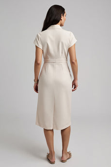 Apricot Short Sleeves Midi Pencil Work Dress with Bow