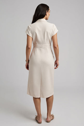 Apricot Short Sleeves Midi Pencil Work Dress with Bow