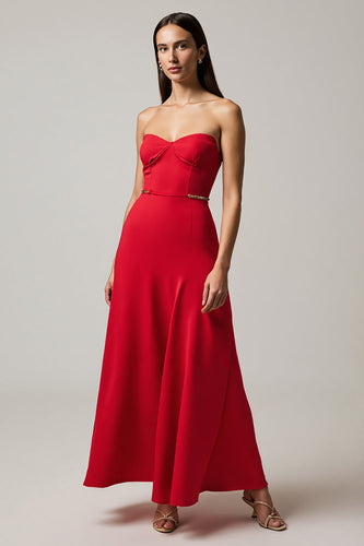 A Line Strapless Red Satin Long Formal Dress