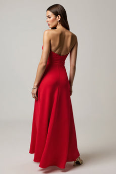 A Line Strapless Red Satin Long Formal Dress