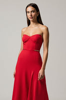 Load image into Gallery viewer, A Line Strapless Red Satin Long Formal Dress