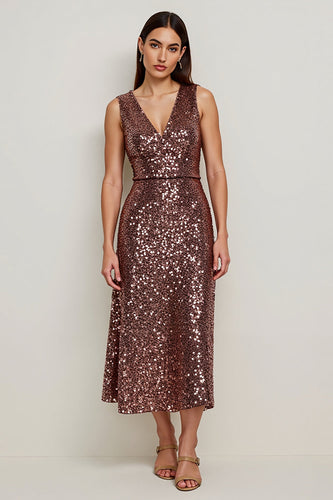 Sparkly V-Neck Coffee Sequin Long Holiday Party Dress