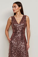 Load image into Gallery viewer, Sparkly V-Neck Coffee Sequin Long Holiday Party Dress