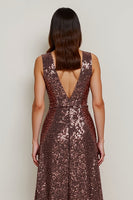 Load image into Gallery viewer, Sparkly V-Neck Coffee Sequin Long Holiday Party Dress