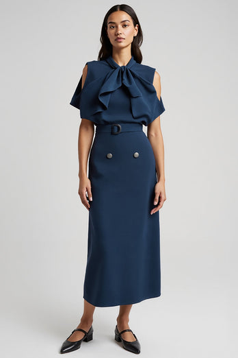 Dark Blue Short Sleeves Pencil Maxi Work Dress with Bow