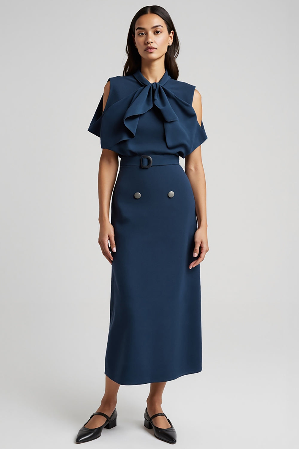Dark Blue Short Sleeves Pencil Maxi Work Dress with Bow