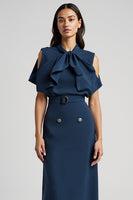 Load image into Gallery viewer, Dark Blue Short Sleeves Pencil Maxi Work Dress with Bow