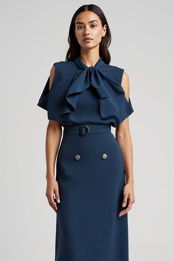 Dark Blue Short Sleeves Pencil Maxi Work Dress with Bow
