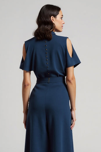 Dark Blue Short Sleeves Pencil Maxi Work Dress with Bow