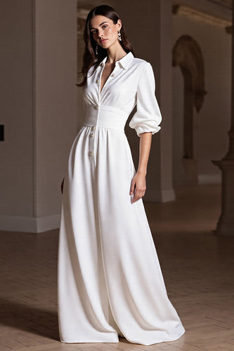 A Line White Maxi Work Dress with Sleeves