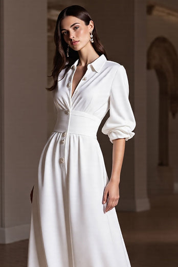 A Line White Maxi Work Dress with Sleeves