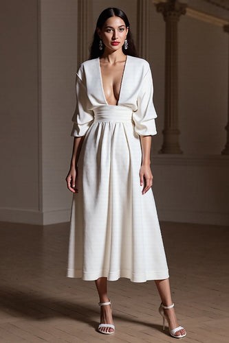 A Line V-Neck White Maxi Work Dress with Sleeves