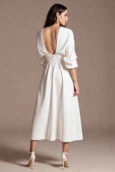 A Line V-Neck White Maxi Work Dress with Sleeves