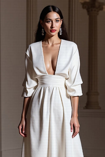 A Line V-Neck White Maxi Work Dress with Sleeves