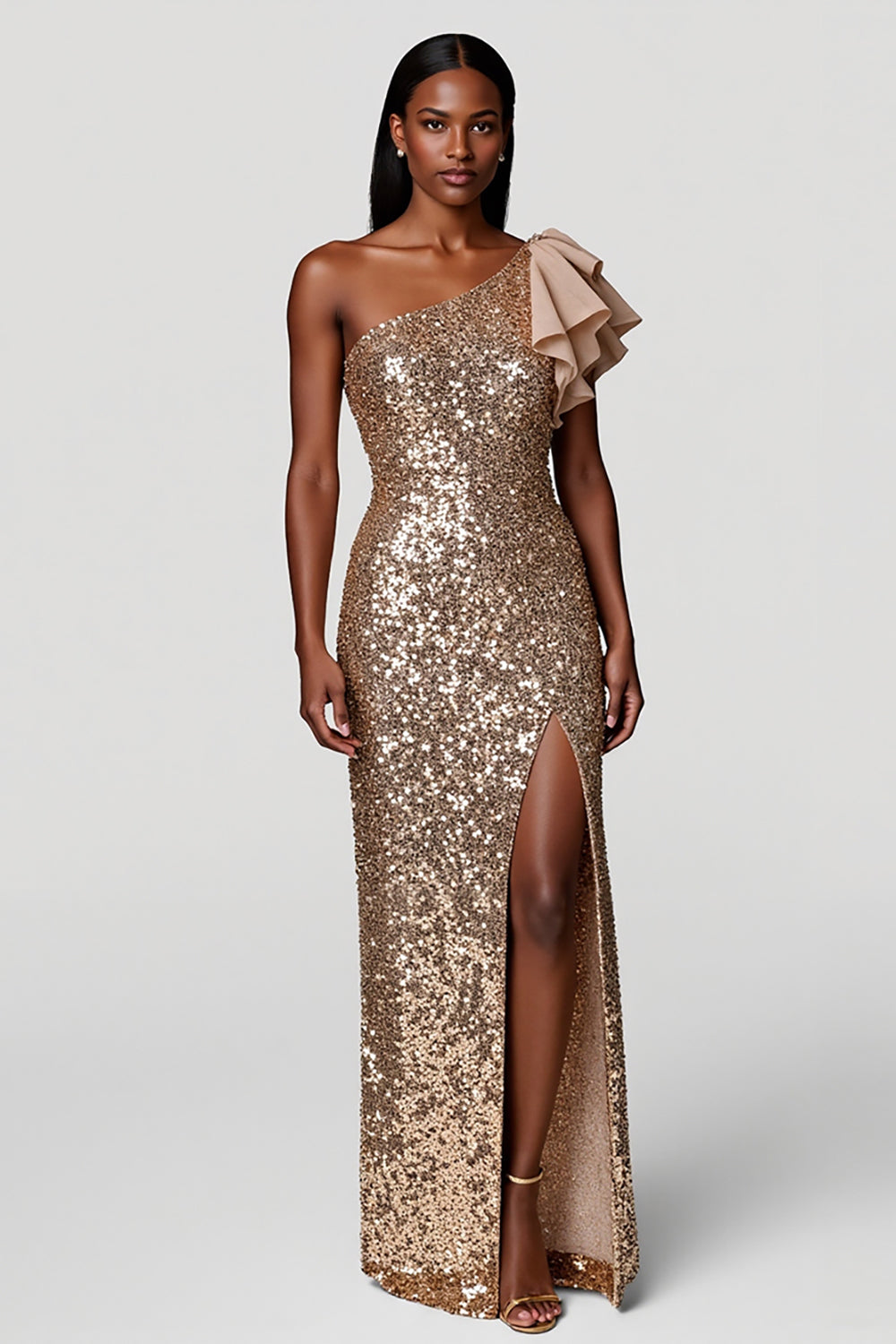 Sparkly Champagne One Shoulder Ruffles Long Holiday Party Dress