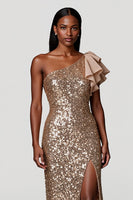 Load image into Gallery viewer, Sparkly Champagne One Shoulder Ruffles Long Holiday Party Dress