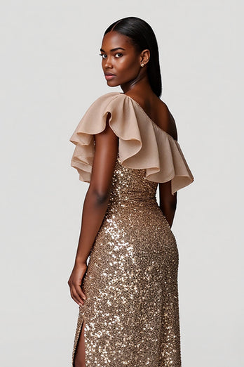 Sparkly Champagne One Shoulder Ruffles Long Holiday Party Dress