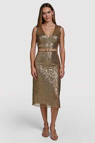 Sparkly Golden V-Neck Midi Sequin Cocktail Dress with Belt
