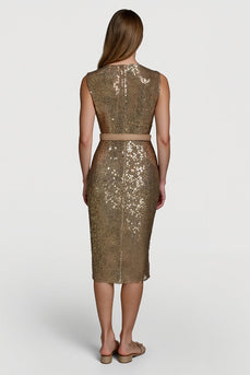 Sparkly Golden V-Neck Midi Sequin Cocktail Dress with Belt