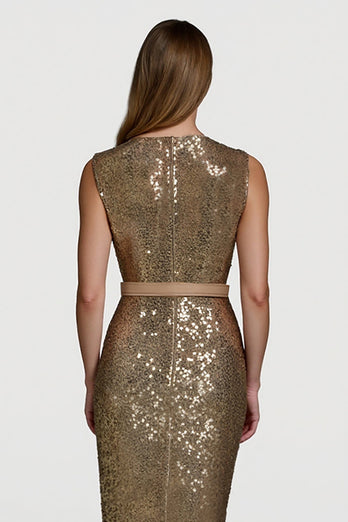 Sparkly Golden V-Neck Midi Sequin Cocktail Dress with Belt