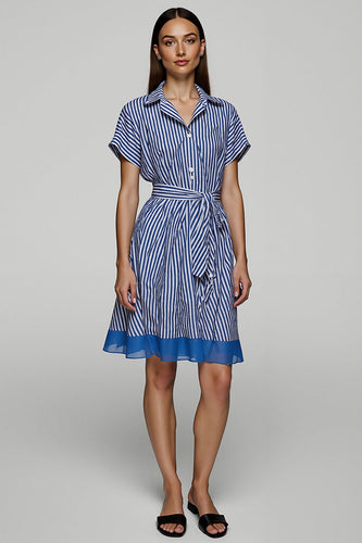 Blue A Line Striped Short Sleeves Shirt Dress with Sash
