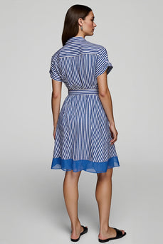 Blue A Line Striped Short Sleeves Shirt Dress with Sash
