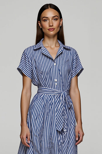 Blue A Line Striped Short Sleeves Shirt Dress with Sash