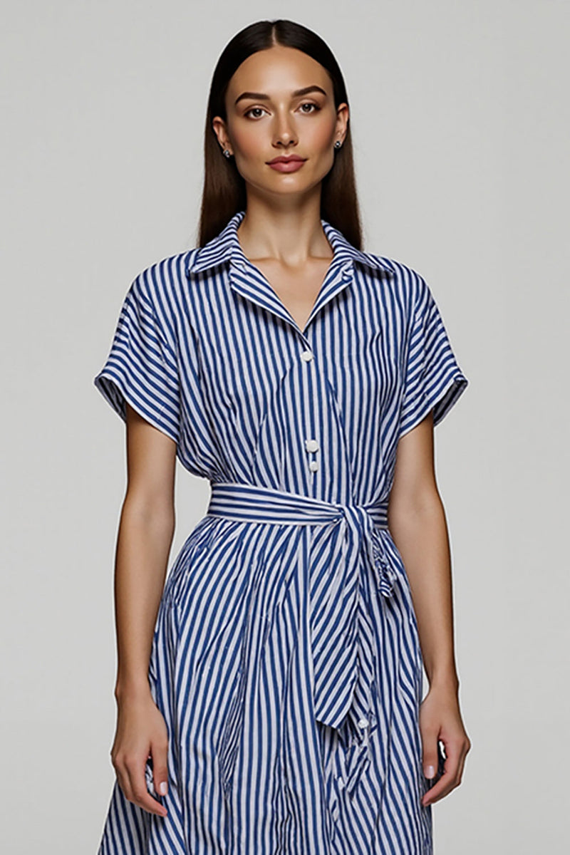 Load image into Gallery viewer, Blue A Line Striped Short Sleeves Shirt Dress with Sash