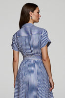 Load image into Gallery viewer, Blue A Line Striped Short Sleeves Shirt Dress with Sash