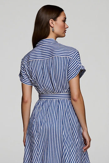 Blue A Line Striped Short Sleeves Shirt Dress with Sash