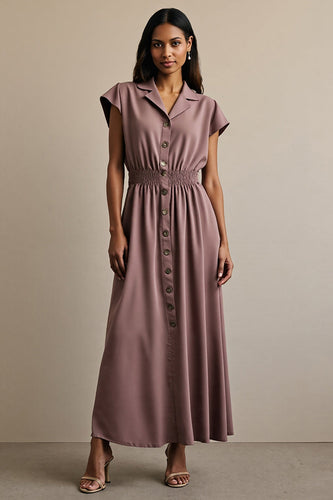A Line Grey Purple Notched Lapel Maxi Work Dress with Sleeves