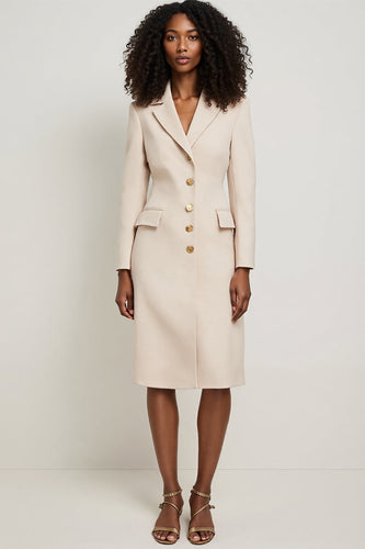 Notched Lapel Apricot Midi Pencil Blazer Dress with Sleeves