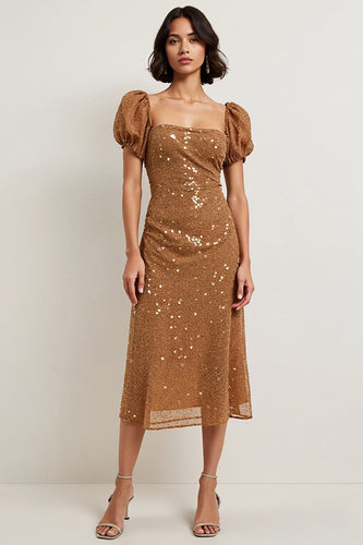 Sparkly Brown Puff Sleeves Midi Sequin Holiday Party Dress