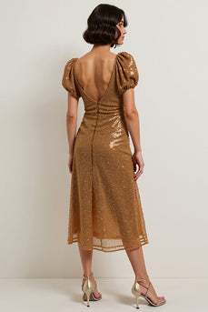 Sparkly Brown Puff Sleeves Midi Sequin Holiday Party Dress