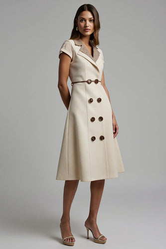 A Line Apricot Leopard Notched Lapel Midi Blazer Dress with String