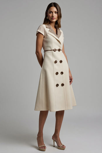 A Line Apricot Leopard Notched Lapel Midi Blazer Dress with String