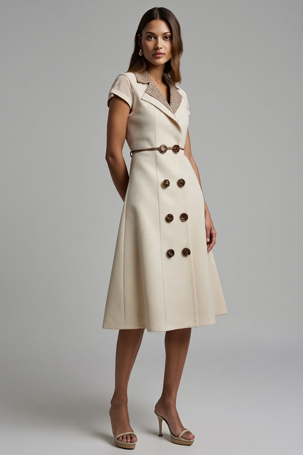 A Line Apricot Leopard Notched Lapel Midi Blazer Dress with String