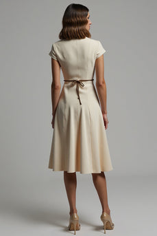 A Line Apricot Leopard Notched Lapel Midi Blazer Dress with String
