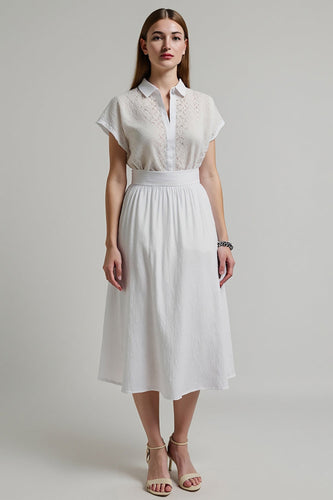 A Line White 2 Piece Midi Work Blouse and Skirt with Sleeves