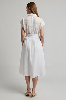 A Line White 2 Piece Midi Work Blouse and Skirt with Sleeves