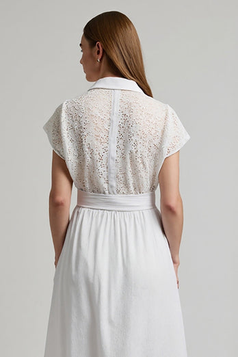 A Line White 2 Piece Midi Work Blouse and Skirt with Sleeves