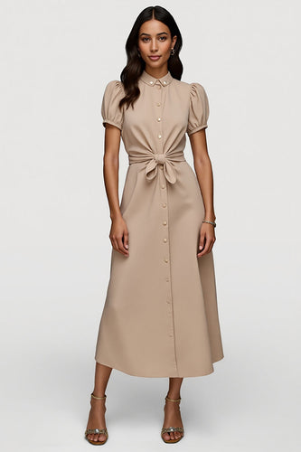 Khaki Short Sleeves Sash Maxi Work Dress with Ruched