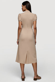 Khaki Short Sleeves Sash Maxi Work Dress with Ruched