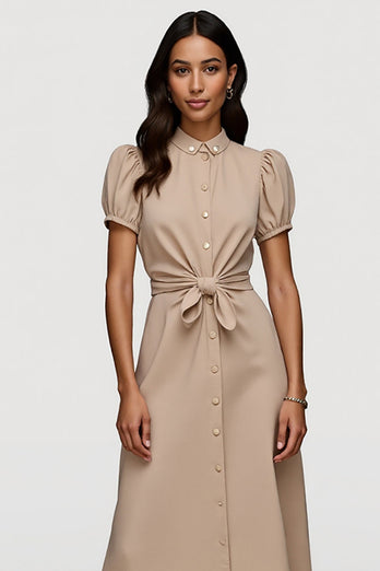 Khaki Short Sleeves Sash Maxi Work Dress with Ruched