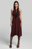 Load image into Gallery viewer, A Line Burgundy Halter Midi Work Dress with Sash