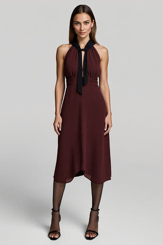 A Line Burgundy Halter Midi Work Dress with Sash