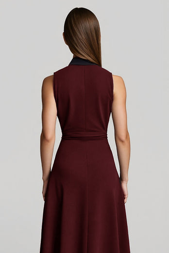 A Line Burgundy Halter Midi Work Dress with Sash
