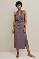 Load image into Gallery viewer, Grey Purple Halter Pencil Satin Maxi Work Dress with Ruched